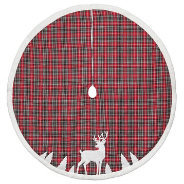 48" Red and Black Plaid Christmas Tree Skirt With Deer Applique