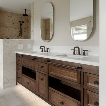 Rift Cut White Oak Double Vanity with Shaker Doors | LED Kick Light — Erin, ON