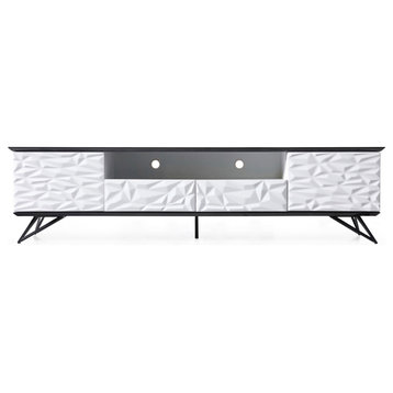 86.5" Modern Vortice TV Stand Black and White Lacquer Matte Black Metal Legs