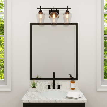 3-Light Bathroom Vanity Light With Clear Glass Shades, Dimmer Compatible, Black