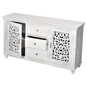 64" White Sideboard Buffet with Drawers, Hand Carved Luna Collection