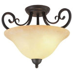 Trans Globe Lighting - Laredo 14.5" Semiflush - The Laredo 14.5" Semiflush is a ceiling fixture designed to provide diffused lighting in a variety of applications.  The Spanish inspiration will complement any bedroom, entry, kitchen, dining room or hallway.  An Antique Bronze finished metal frame with soft scrolled details gracefully holds a Crushed Stone glass bell shade, bringing new style to classic appeal.  A matching round hanging canopy is included.  The Laredo Collection includes a wide offering of matching indoor light fixtures, giving it added flexibility for use in any home.