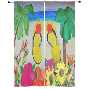 Beach Art Sheer Curtains, Flowers and Flip Flops