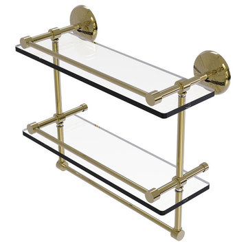 16" Gallery Double Glass Shelf, Towel Bar, MC-2TB/16-GAL-UNL, Unlacquered Brass