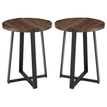 Home Square 18" Metal Wrap Round Side Table in Dark Walnut - Set of 2