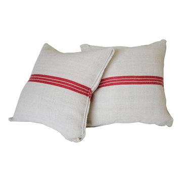 Vintage Red Stripe European Grainsack Pillows Pair