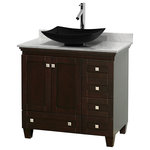 Wyndham Collection - Acclaim Espresso Vanity, 36", Arista Black Granite, White Carrera Marble - Sublimely linking traditional and modern design aesthetics, and part of the exclusive Wyndham Collection Designer Series by Christopher Grubb, the Acclaim Vanity is at home in almost every bathroom decor. This solid oak vanity blends the simple lines of traditional design with modern elements like beautiful overmount sinks and brushed chrome hardware, resulting in a timeless piece of bathroom furniture. The Acclaim is available with a White Carrara or Ivory marble counter, a choice of sinks, and matching Mrrs. Featuring soft close door hinges and drawer glides, you'll never hear a noisy door again! Meticulously finished with brushed chrome hardware, the attention to detail on this beautiful vanity is second to none and is sure to be envy of your friends and neighbors