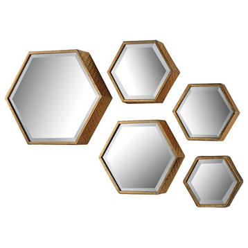 Beveled Hexagon Wall Decor Mirror Set in Honeycomb Embossed Gold Metal Frame 16