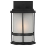 Sea Gull Lighting - Sea Gull Wilburn Small 1 Light Outdoor Wall Lantern, Black/Satin - With a nod to retro-industrial chic, the Wilburn outdoor fixtures wraps a white frosted glass shade in a fun metal cage to create a casual and easygoing look. Offered in Antique Bronze and Black finishes with Etched White glass, the assortment includes a one-light outdoor pendant, small medium, large, and extra-large one-light outdoor wall lanterns, a one-light out door post lantern and a one-light outdoor ceiling flush mount. Both incandescent lamping and ENERGY STAR-qualified LED lamping are available for most of the fixtures, and some can easily convert to LED by purchasing LED replacement lamps sold separately.
