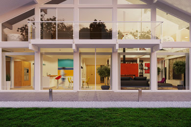 Идея дизайна: двухуровневая гостиная комната в стиле модернизм с с книжными шкафами и полками