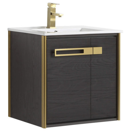 Oakville Wall Mount Bathroom Vanity, Black Coal Oak, 24", Satin Brass Hardware