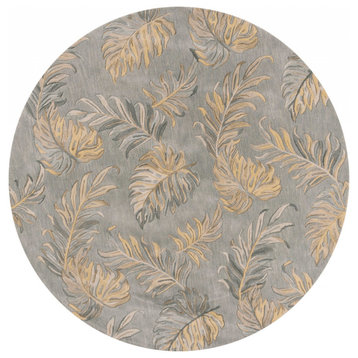 8' Grey Hand Tufted Tropical Palms Round Indoor Area Rug