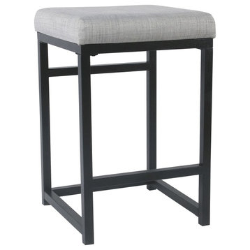 Open Back Metal Counter Stool With Fabric Upholstered Padded Seat, Gray & Black