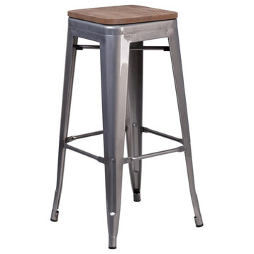 Flash Furniture 31" Backless Metal Bar Stool in Gray and Wood Grain