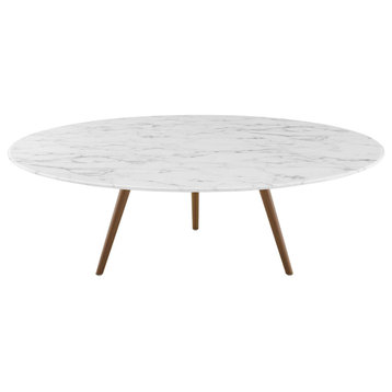 Modern Round Coffee Table, Artificial Marble Stone Metal, White Natural Walnut