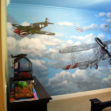 Aviation/Planes Themed Mural by Tom Taylor of Wow Effects, for a boy's bedroom.