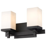 Golden Lighting - Maddox 2 Light Bath Vanity, Matte Black - This clean modern design is suitable for transitional to contemporary homes. The Matte Black finish and Square Opal Glass enhance the series' elegant look. The fixture is UL/cUL approved for damp location installation and provides well diffused light over a vanity or mirror. The fixture offers a reversible up or down install to suit your style.