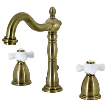 Classic Bathroom, Tall Curved Spout & Crossed White Handles, Antique Brass