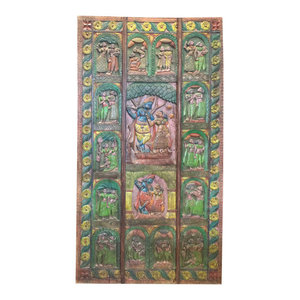 Mogulinterior - Consigned Antique Krishna Door Indian Vintage Wall Sculpture Meditation Yoga - Interior Doors