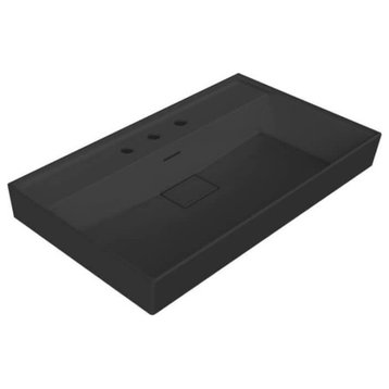 Matte Black Wall Mounted or Drop In Sink in Ceramic, Three Hole