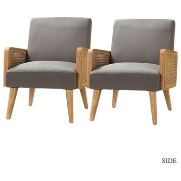 Cane Accent Chair With Rattan Arms Set of 2, Pewter