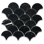 Stone Center Online - Fish Scale Nero Marquina Marble Grand Fan Mosaic Tile Honed, 1 sheet - Premium Grade Fish Scale Nero Marquina Black Marble Mosaic Tile. Nero Marquina Black Marble Honed 12 x 12 Grand Shell Fan Shape Mosaic Wall and Floor Tiles are perfect for any residential / commercial projects. The Nero Marquina Marble Scallop Shape Fish Scale Mosaic Tile can be used for bathroom flooring, shower surround, kitchen backsplash, corridor, spa, etc. Our timeless Nero Marquina Black Marble 3 inch Fan Shape Fish Scale Waterjet Mosaic Tile with a large selection of coordinating products is available and includes white marble hexagon, herringbone, basketweave mosaics, 12x12, 18x18, 24x24, subway tile, moldings, borders, and more.