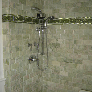 Green marble subway tile shower