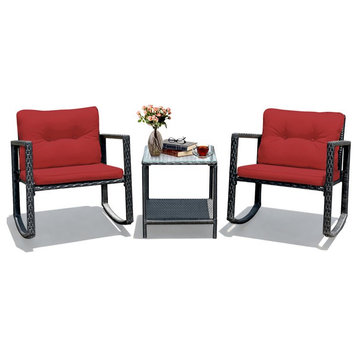 Costway 3-piece Steel and Rattan Patio Rocking Chair Set in Red