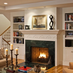 Living Room Fireplace - "Eagles Perch" - Custom Whimsical Lake House on Cape Cod - Indoor Fireplaces