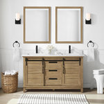 OVE Decors - OVE Decors Edenderry 30" Vanity, Black Hardware, Rustic Almond, 60 in. - Capture the essence of modern farmhouse cottage style with the Edenderry 60-inch wide rustic almond wood finished double vanity by OVE Decors. Its unique sliding barn doors with shiplap panelling and rustic iron black hardware smoothly glide across the two single cabinets. One cabinet features an adjustable height shelf while the other has a clever pull-out interior shelf equipped with a power bar with sockets and usb ports and hair styling tool holders. Three dovetailed soft-close drawers with convenient organizers add more versatile storage. A contemporary white engineered stone countertop with a crisp straight edge and matching 3-inch tall backsplash holds two undermount rectangular sink basins, ready for a sleek mono faucet. Designed for easy installation, with a wide choice of white or rustic almond vanity sizes up to 72-inch, for the perfect fit for your bathroom.