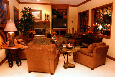 Family room - large transitional open concept carpeted family room idea in Orange County with beige walls, a stone fireplace, a media wall and a standard fireplace
