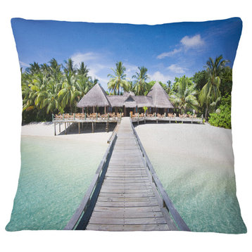 Beach With Coconut Palm Trees Landscape Photo Throw Pillow, 16"x16"