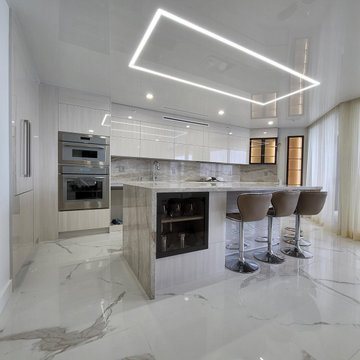 Miami Custom Design Modern Kitchen with Island and Glass Doors