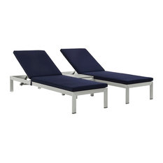 Shore 3 Piece Outdoor Patio Aluminum Chaise With Cushions, Silver Navy