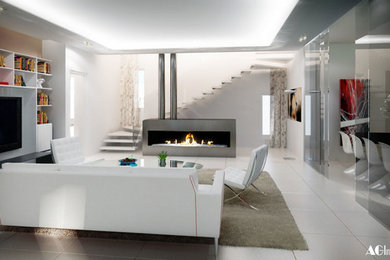 Idee per un soggiorno minimal con pavimento in gres porcellanato e pavimento beige