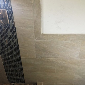 BATHROOM - Contemporary Tub-To-Shower 12 x 24 TanTile and Linear Mosaic Accent
