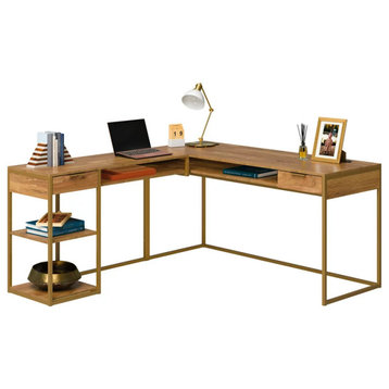 Contemporary L-Shaped Desk, Golden Legs With Drawers & Shelves, Sindoori Mango