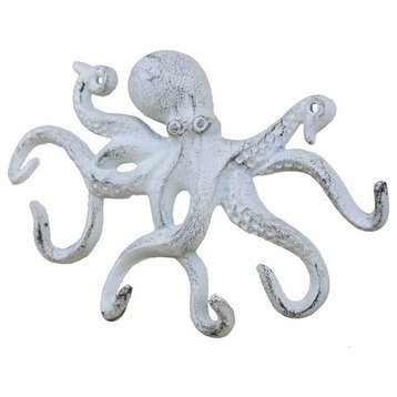 Cast Iron Octopus Hook, Rustic Whitewashed, 11"