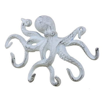 Cast Iron Octopus Hook, Rustic Whitewashed, 11"