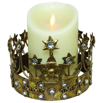 Gold Crown Pillar Candle Holder, Tabletop Metal Jeweled Princess Queen