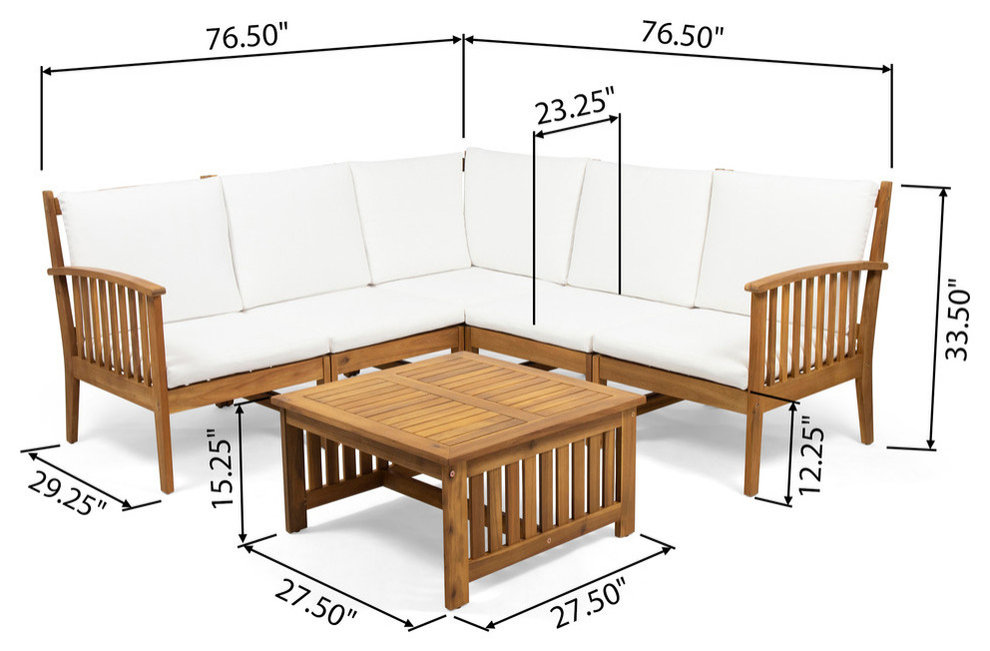 Maud Outdoor 5 Seater Acacia Wood Sofa Sectional Set, Brown Patina, White