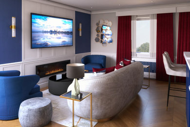 Medium sized eclectic formal open plan living room feature wall in London with blue walls, dark hardwood flooring, no fireplace, a wall mounted tv, brown floors and panelled walls.