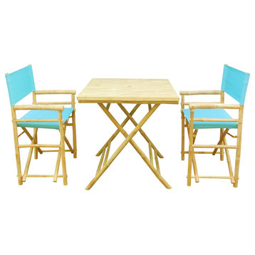 Bamboo Set of 2 Director Chairs and 1 Square Bamboo Table, Aqua Blue