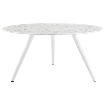 Modern Contemporary Urban Mid Century Round Dining Table, White, Marble Metal