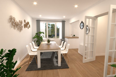 Exemple d'une salle à manger ouverte sur le salon tendance avec un mur blanc, parquet clair et aucune cheminée.