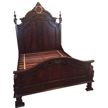 Queen Bed  Victorian Style Carved Double Arch  Flame Mahogany  Burl