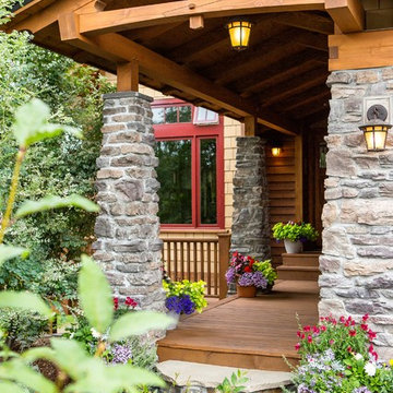 Rustic Entryway, Walkway and Back Decks with Trex Decking and Cedar Railing