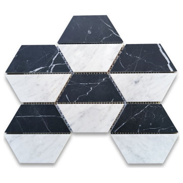 Carrara White Marble Trapezoid Split Hexagon Mosaic Tile Black Honed, 1 sheet