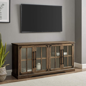 Farmhouse TV Stand, Doors With Glass Front & Cable Management, Rustic Oak
