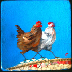poules, peinture et collage sur bois - Tableau Multi-matières